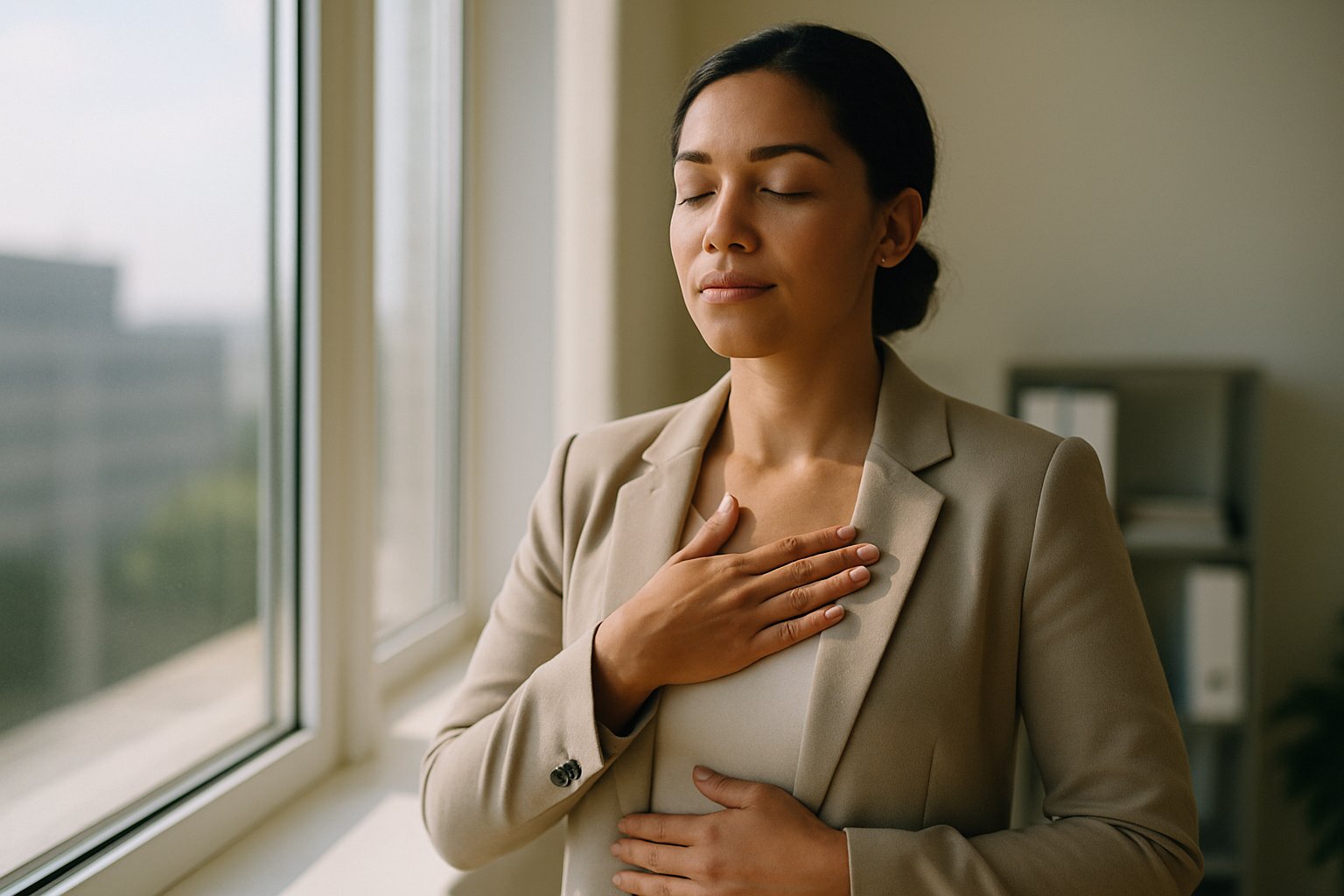 Pessoa em pé ao lado de uma janela com luz natural suave, mão no peito e outra no abdômen, fazendo uma pausa de respiração no trabalho em Brasília.