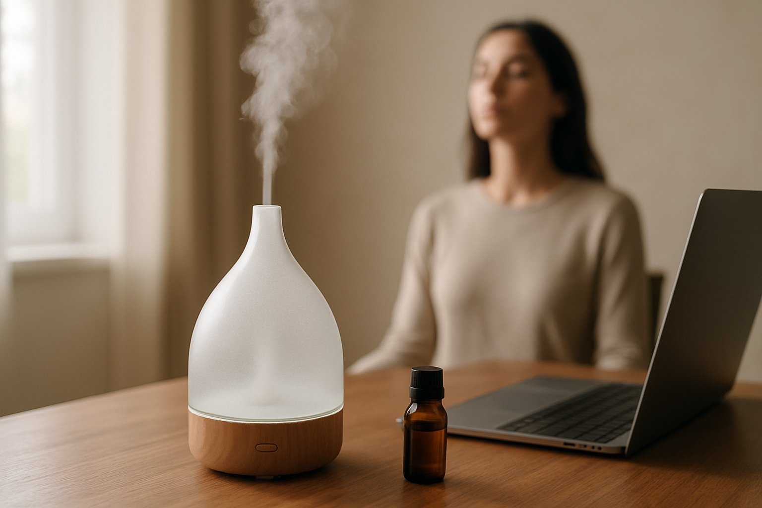 Difusor de óleos essenciais sobre mesa de madeira ao lado de frasco âmbar e notebook, com uma mulher ao fundo respirando calmamente em um ambiente iluminado por luz natural.