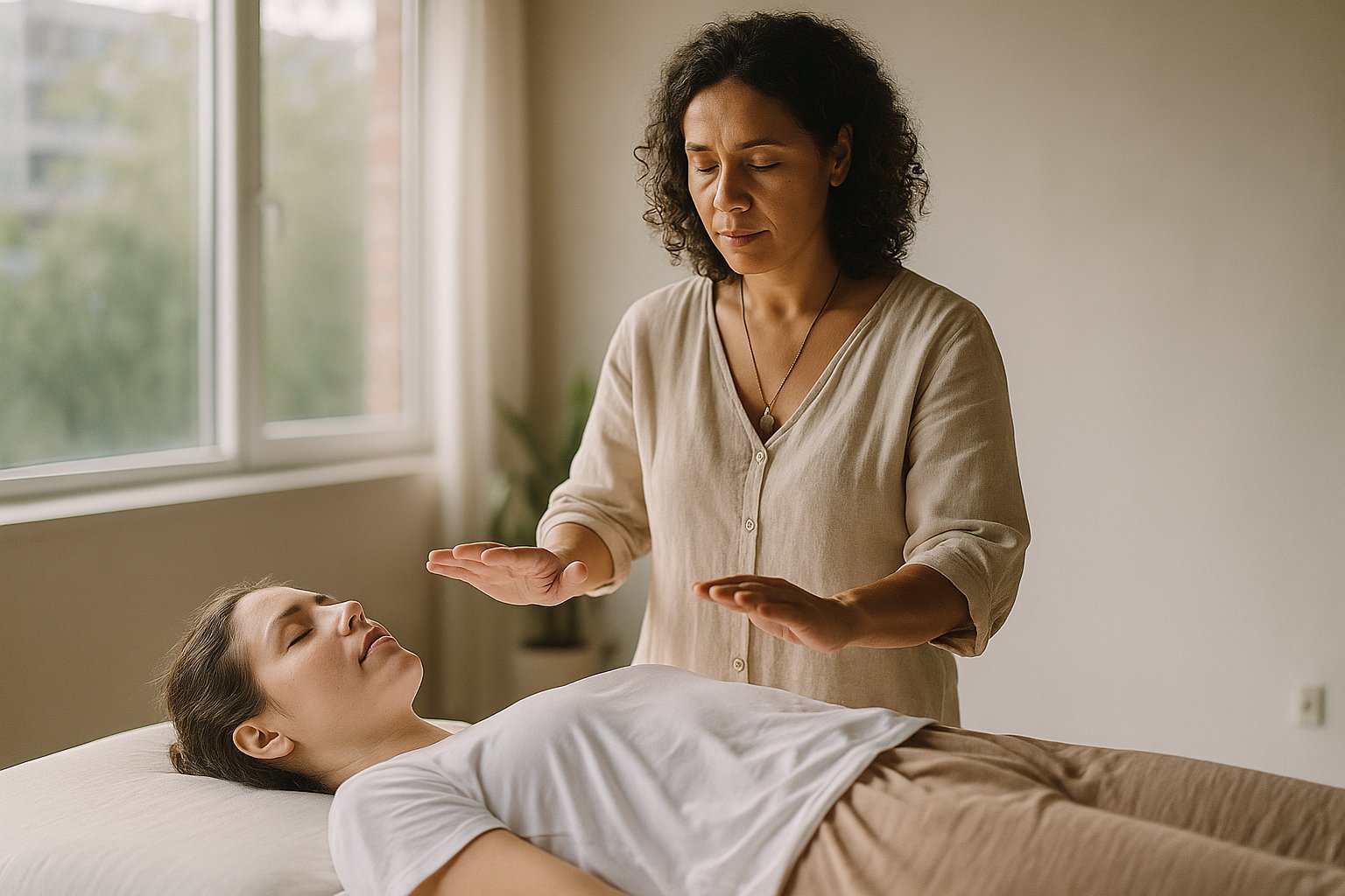 Terapeuta realizando leitura energética ao lado de cliente deitado em maca, estúdio iluminado por luz natural, tons neutros, clima calmo no Espaço Sol em Brasília