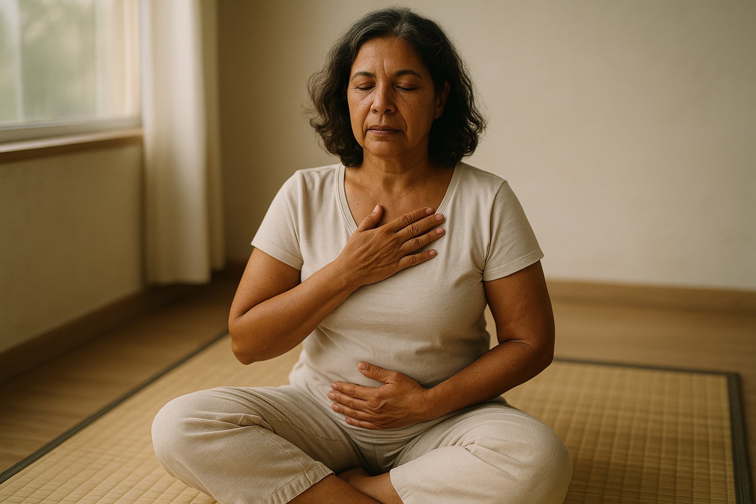Mulher sentada em estúdio iluminado naturalmente, mãos no peito e abdômen praticando autoaplicação de Reiki no Espaço Sol, Brasília-DF