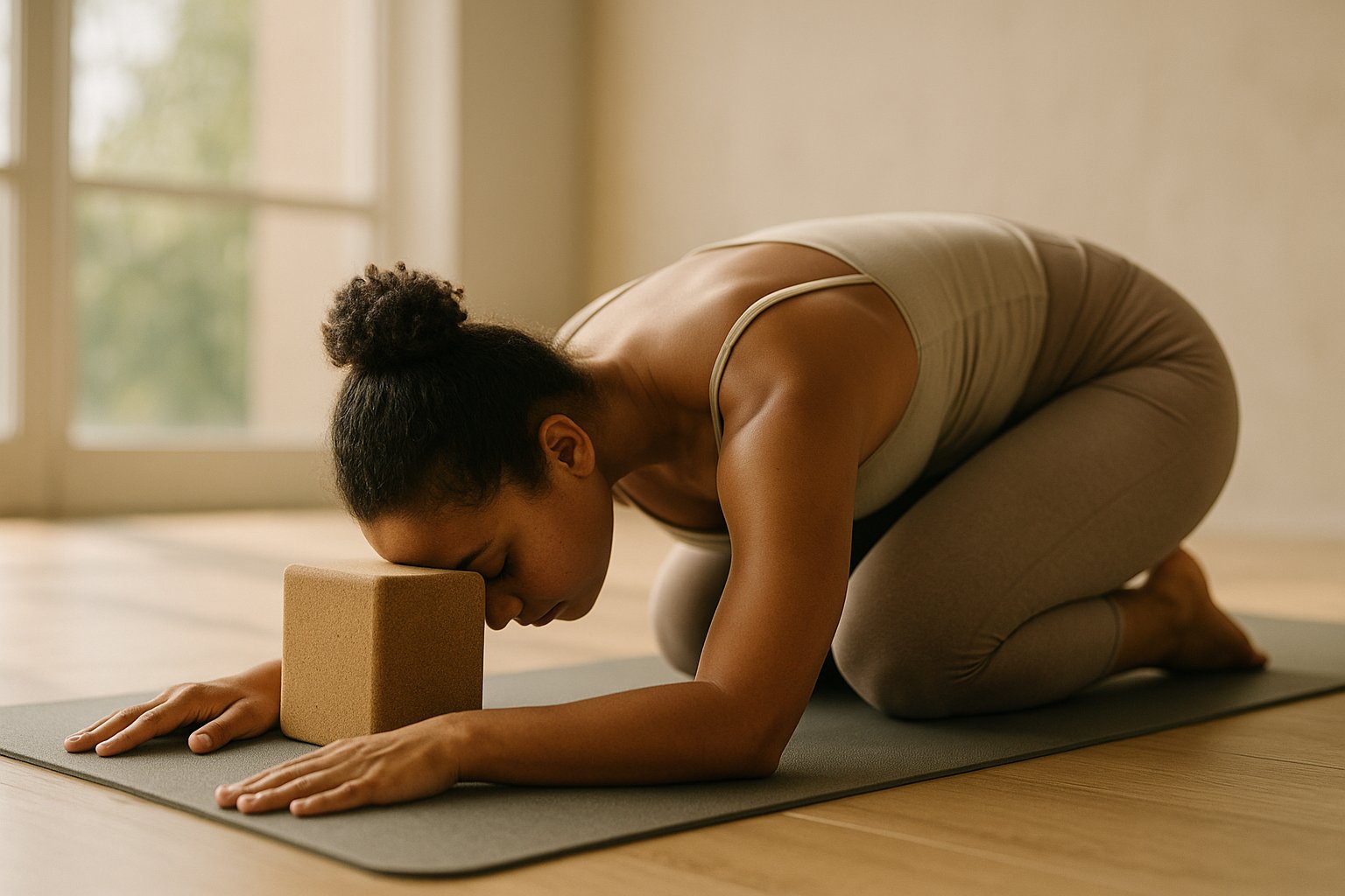 Mulher em Balasana num estúdio iluminado, testa apoiada em bloco, luz suave da manhã e clima acolhedor.
