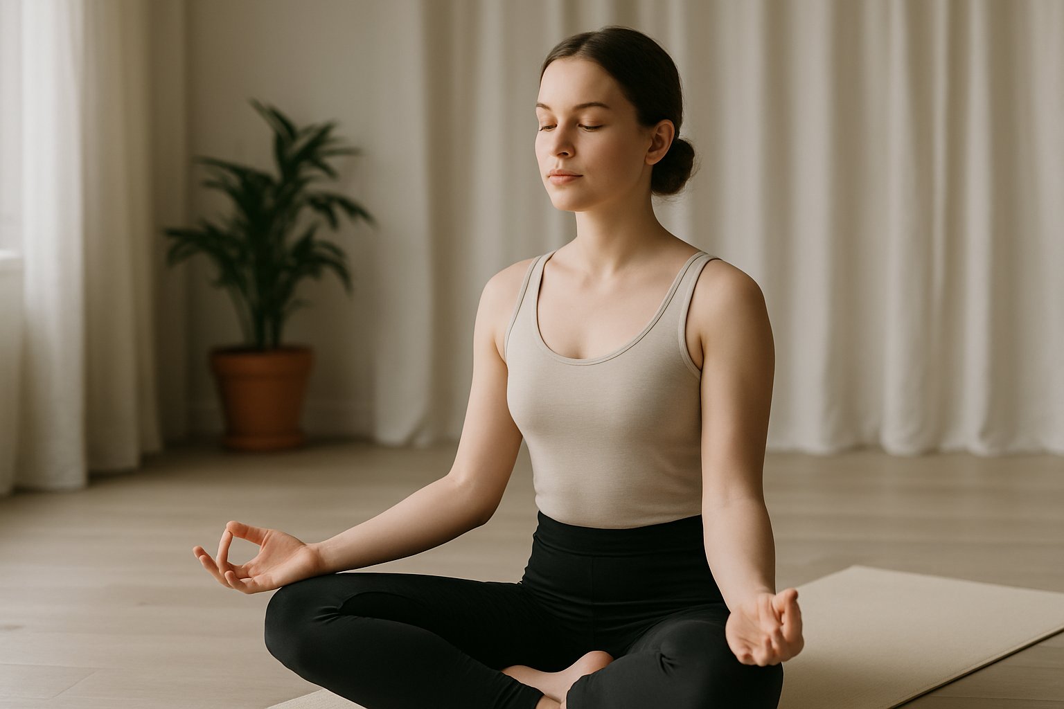 Praticante de yoga iniciante em postura de meditação sentada em estúdio iluminado