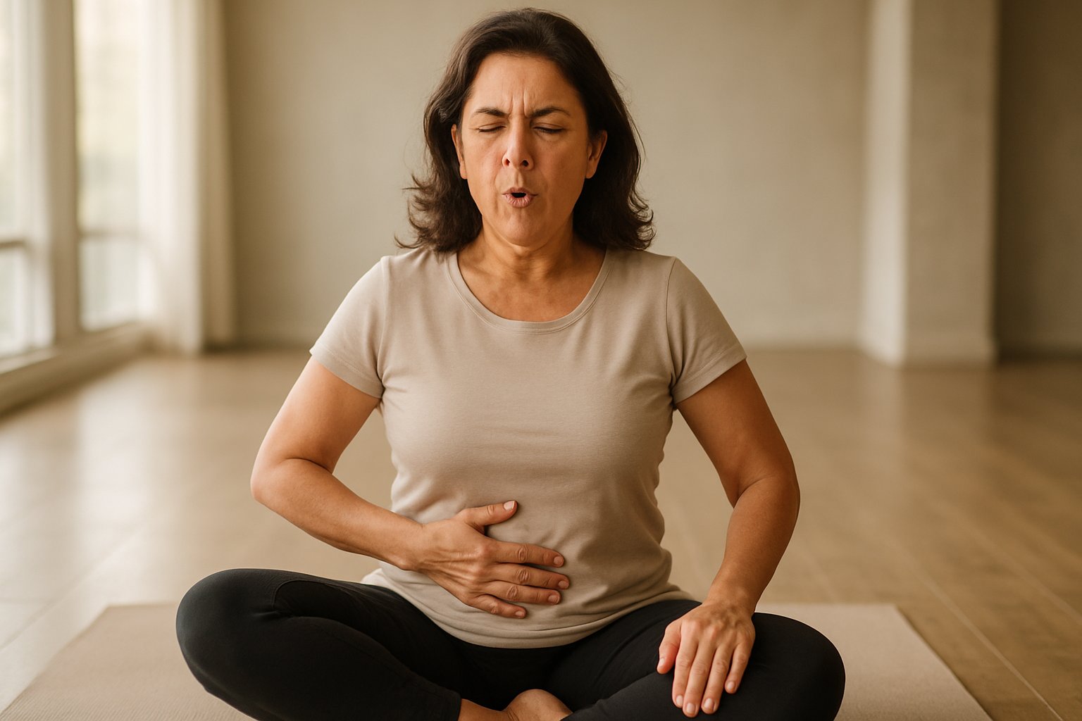 Mulher brasileira de meia-idade sentada em tapete de yoga, coluna ereta, praticando Bhastrika em estúdio iluminado pelo sol no Guará I.