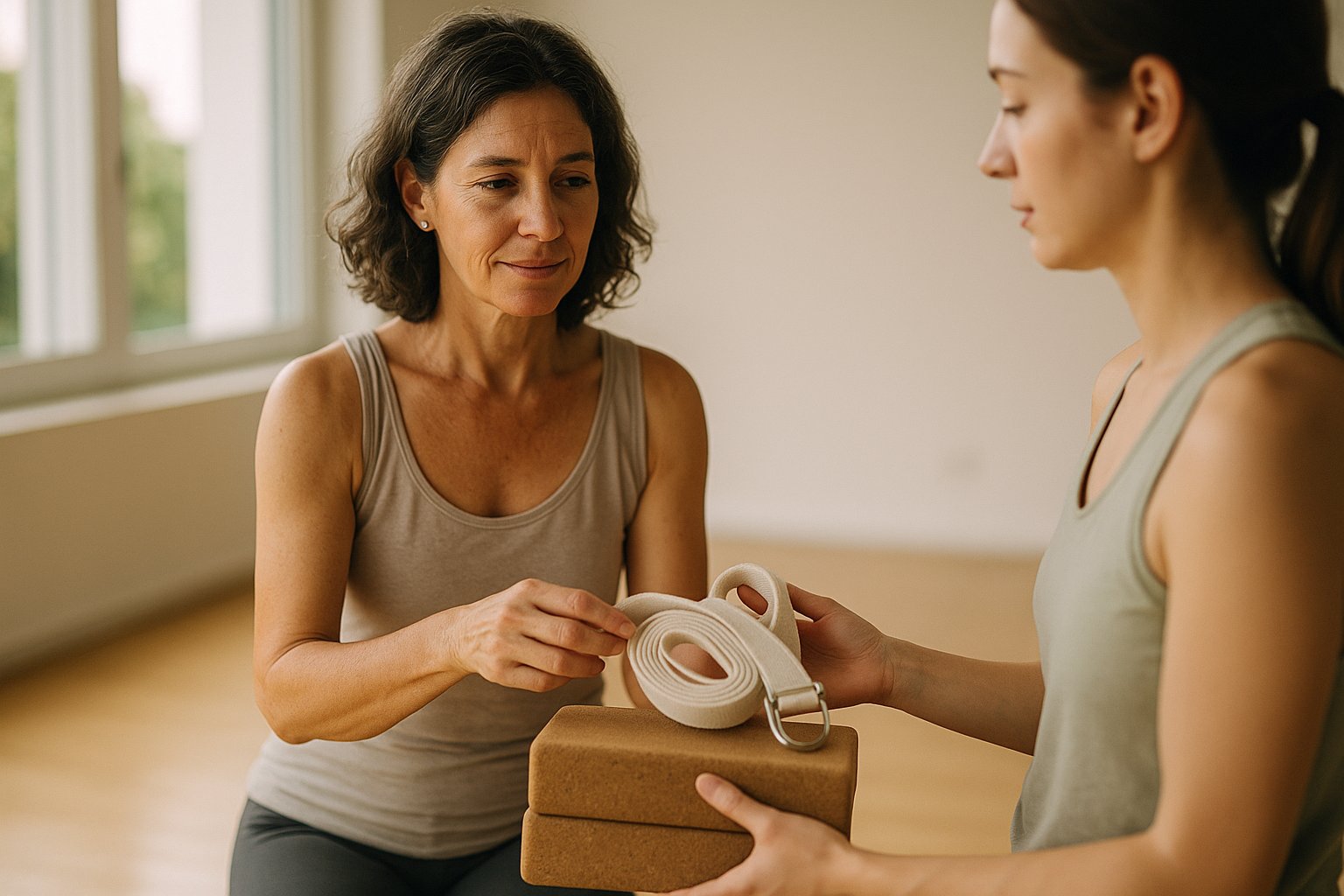 Professora de yoga orienta aluna na escolha de blocos e faixa em estúdio iluminado no Guará I, Brasília, com luz natural suave.