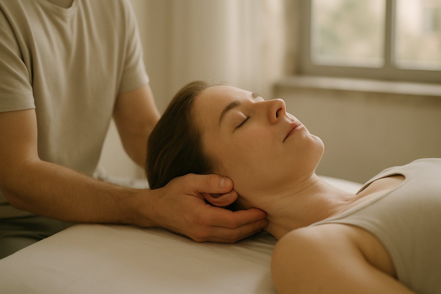 Mãos de terapeuta apoiando suavemente a cabeça de uma pessoa deitada em maca, em estúdio iluminado por luz natural no Guará I, Brasília-DF.