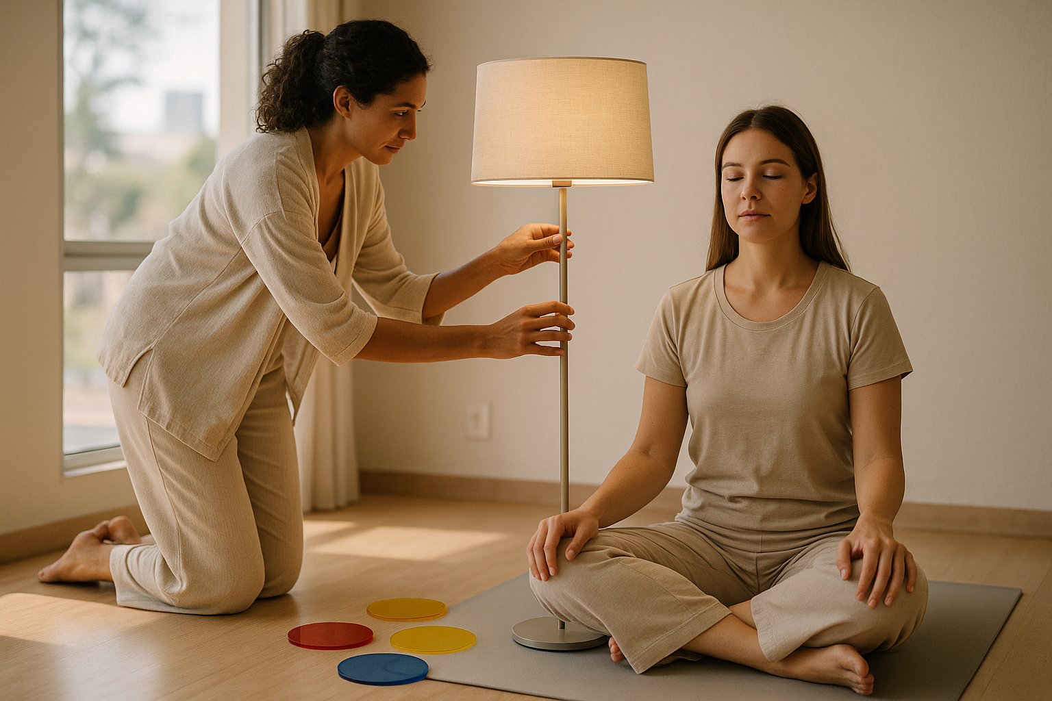 Terapeuta ajustando uma luminária de luz neutra ao lado de um aluno sentado em estúdio iluminado pelo sol, com filtros próximos, foco suave e ambiente acolhedor.