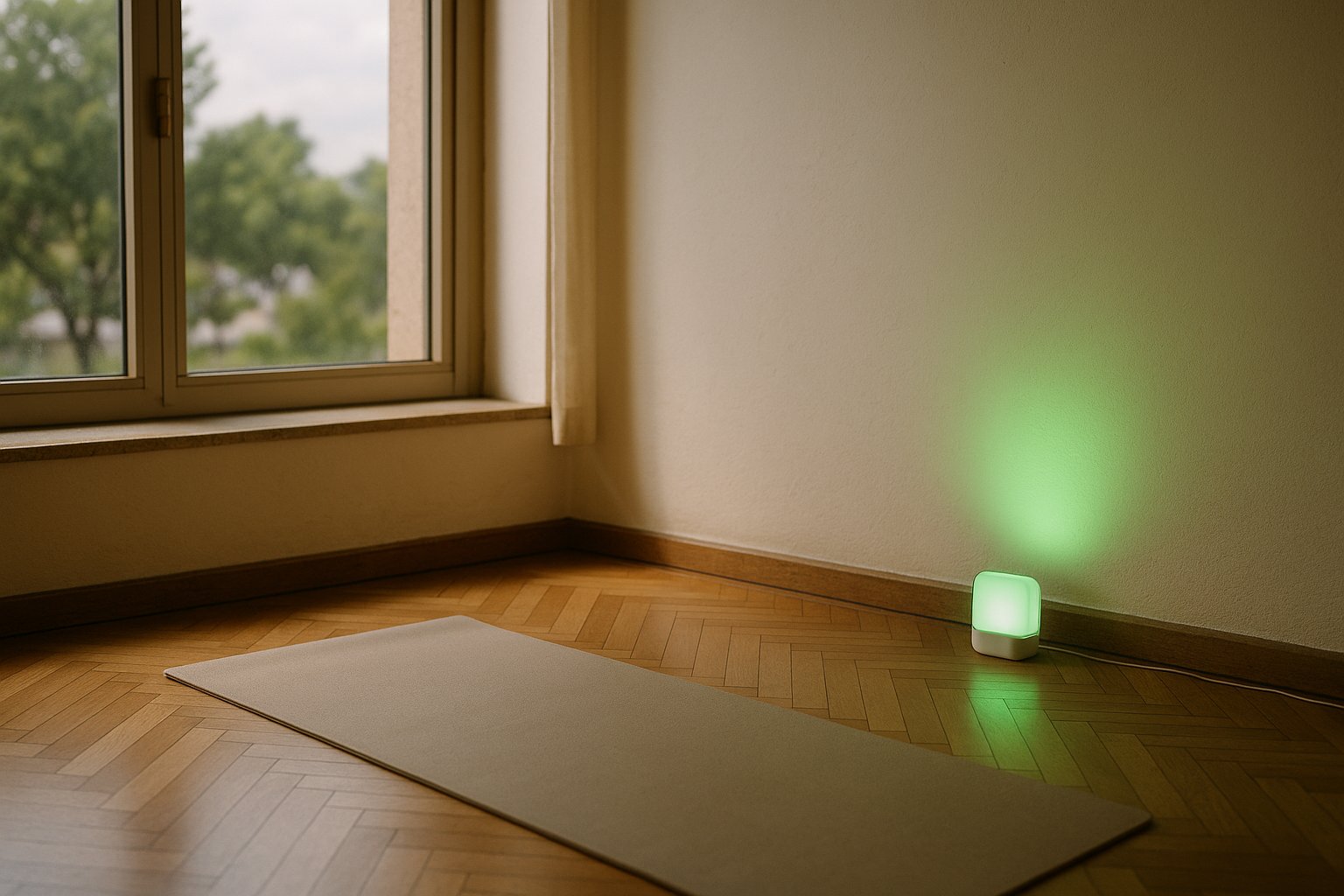 Canto de estúdio no Guará I com esteira neutra e lâmpada LED projetando luz verde suave na parede, iluminado por luz natural.