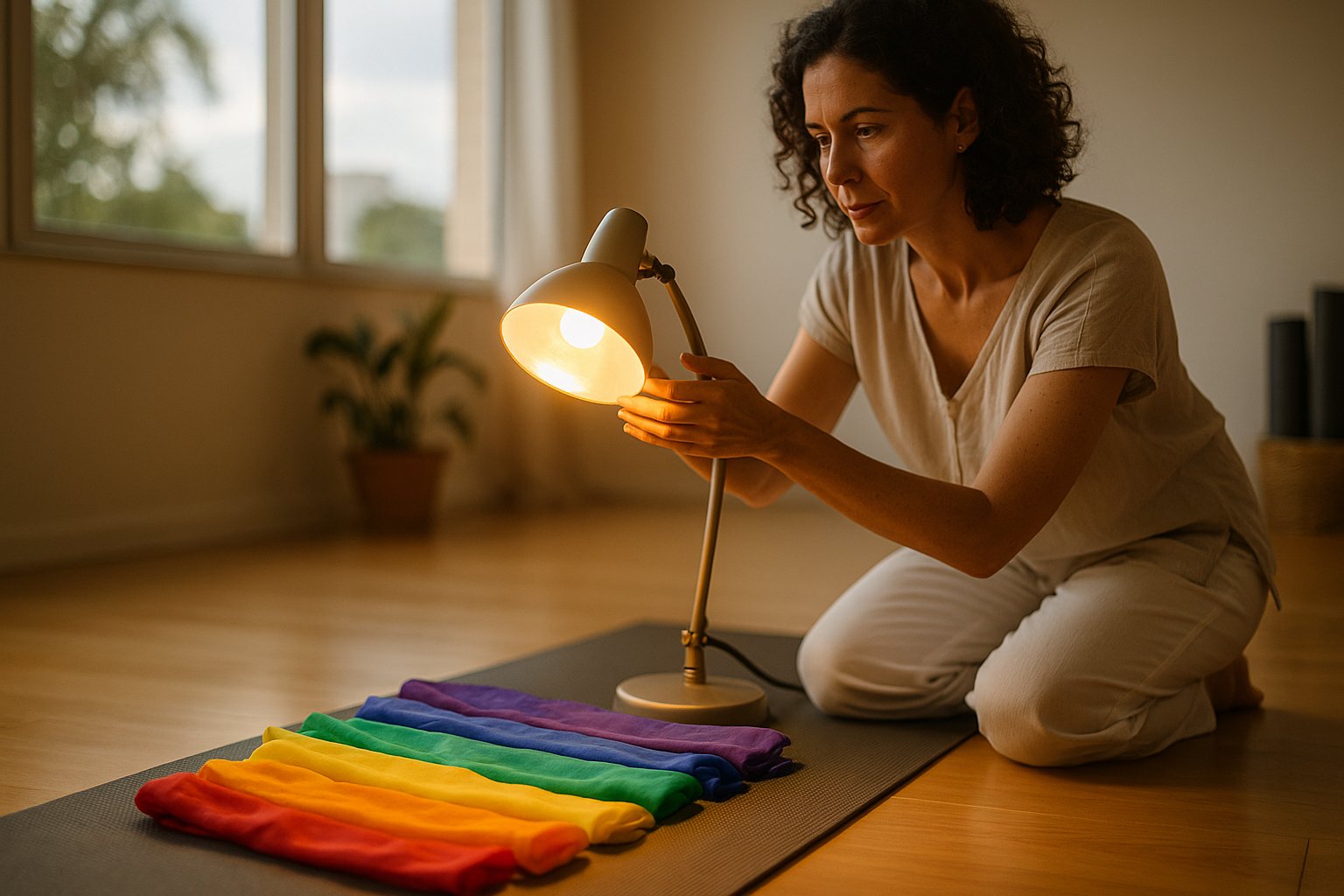 Terapeuta ajustando uma luz âmbar suave sobre tapete de yoga com tecidos coloridos dos sete chakras em estúdio iluminado no Guará I, Brasília.