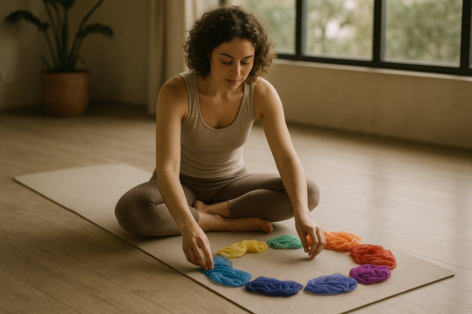 Pessoa sentada em um estúdio iluminado por luz natural, organizando lenços coloridos dos sete chakras ao redor do tapete de yoga.