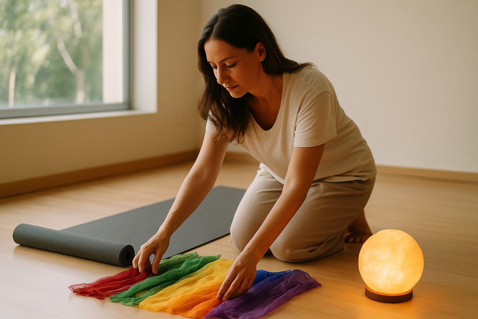 Terapeuta organiza lenços coloridos e um abajur de luz âmbar ao lado de um tapete de yoga em estúdio iluminado por luz natural no Guará I, Brasília.