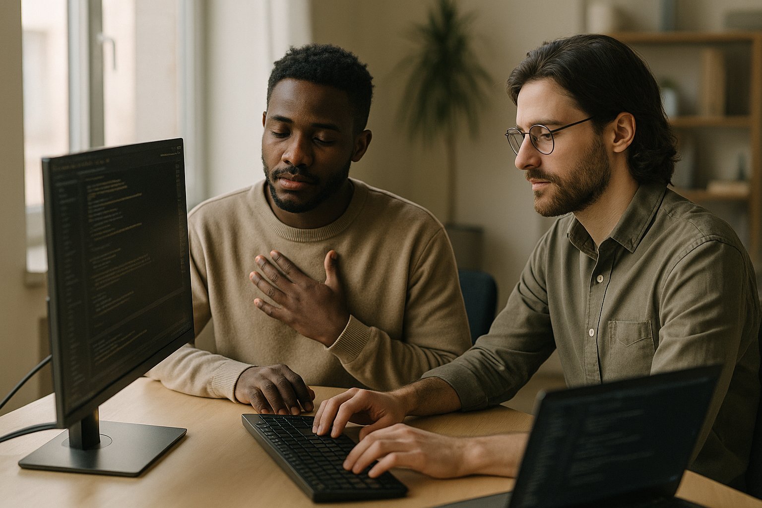 Dois profissionais de tecnologia em pair programming numa mesa iluminada por luz natural; um faz um gesto discreto no esterno para se centrar.
