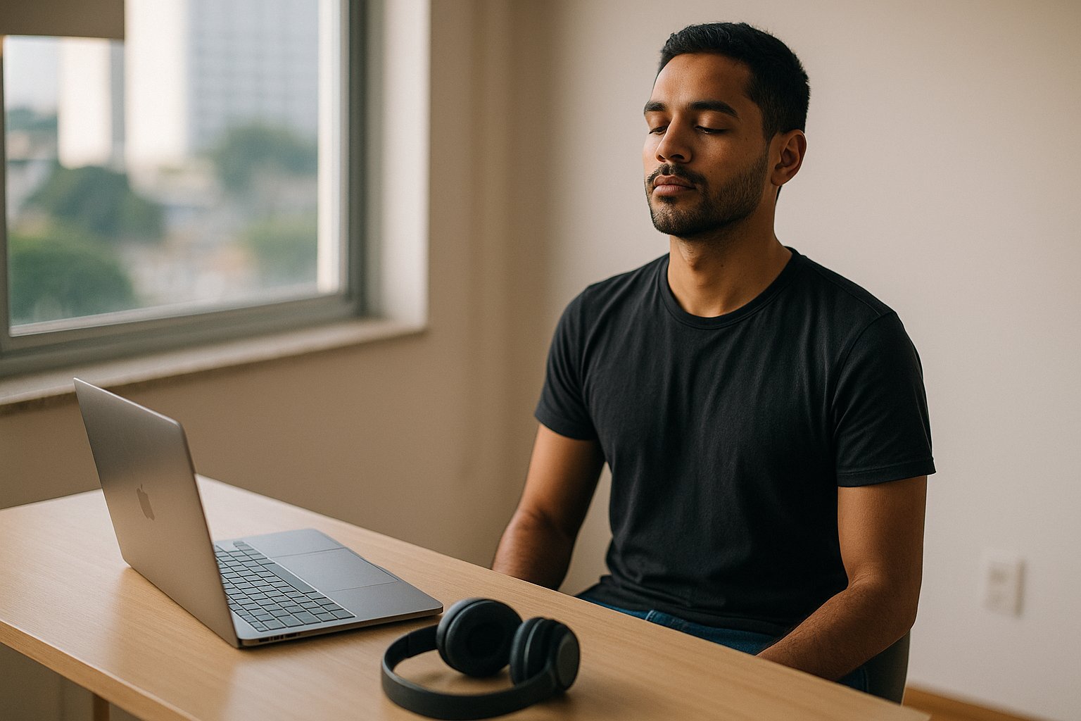 Profissional de tecnologia sentado em mesa minimalista, olhos fechados e mãos sobre as coxas em breve pausa consciente, notebook e fones ao lado, luz natural suave entrando pela janela.