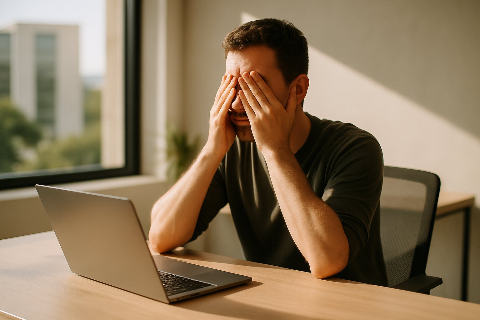 Profissional de tecnologia fazendo palming sobre os olhos em um escritório iluminado pelo sol, laptop à frente, pausa discreta para aliviar a fadiga ocular.