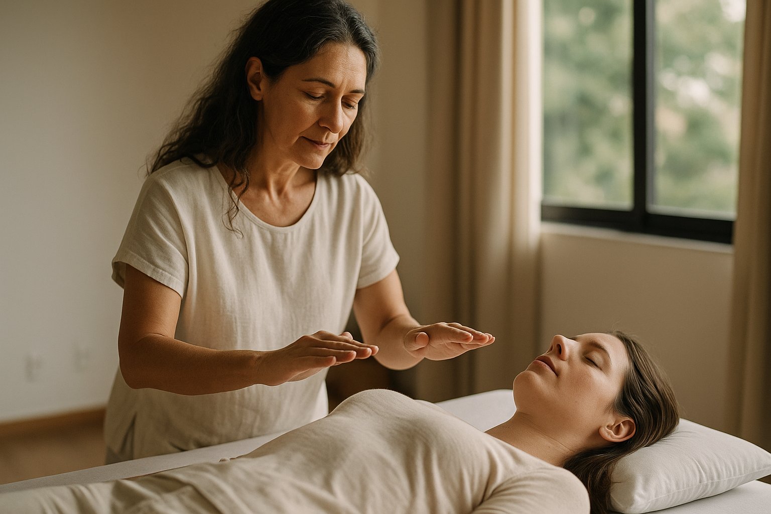 Terapeuta aplicando EMF Balancing com as mãos próximas ao peito de uma pessoa deitada em maca, luz natural suave no estúdio do Guará I, Brasília-DF.