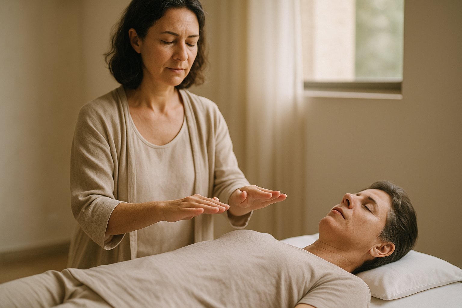 Terapeuta realizando EMF Balancing Fase I com cliente deitado em maca, mãos acima do peito, luz natural em estúdio claro no Guará I, Brasília-DF.