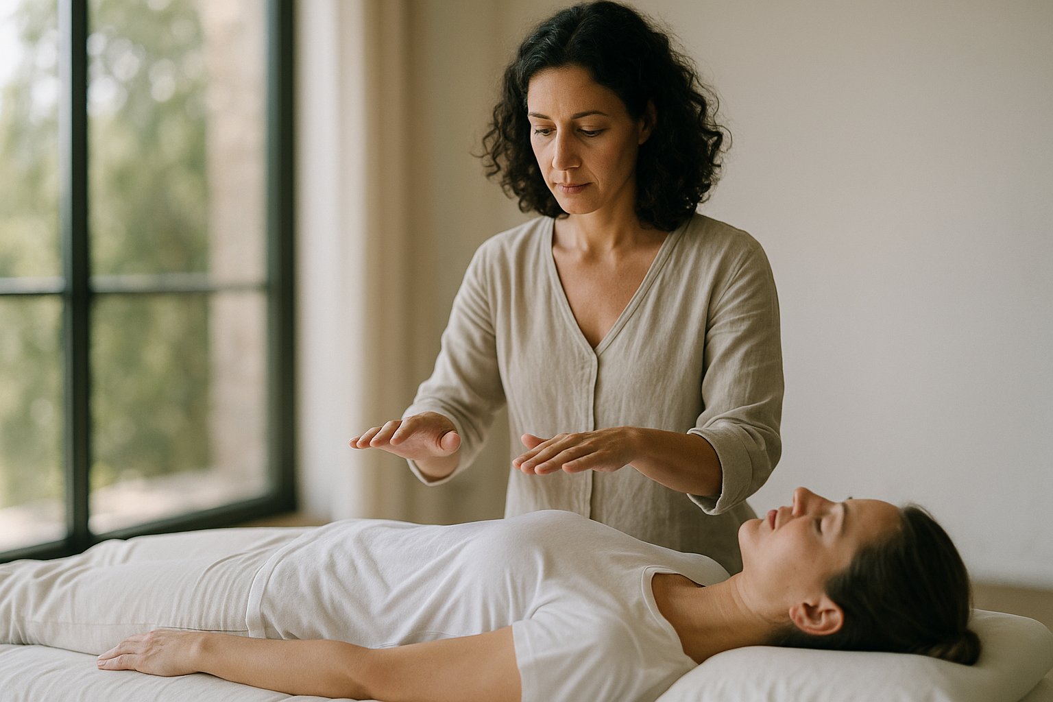 Terapeuta realizando a Fase I da EMF Balancing com as mãos sobre o peito e a cabeça de um cliente deitado, em estúdio claro no Guará I, Brasília-DF