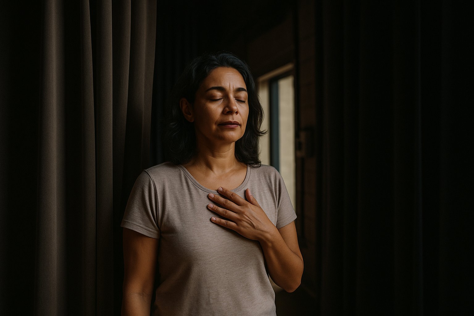 Mulher brasileira nos bastidores de um pequeno teatro em Brasília, mão próxima ao peito e olhar calmo, luz natural suave e fundo desfocado