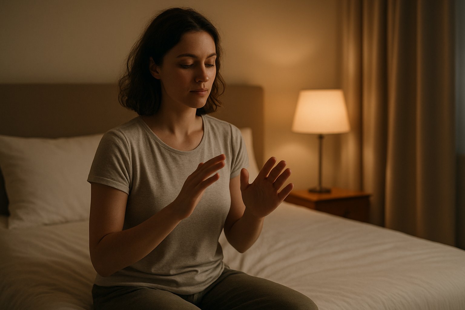 Mulher sentada na beira da cama à noite, mãos pairando suavemente diante do peito em gesto de EMF Balancing, luz morna de abajur e ambiente sereno.