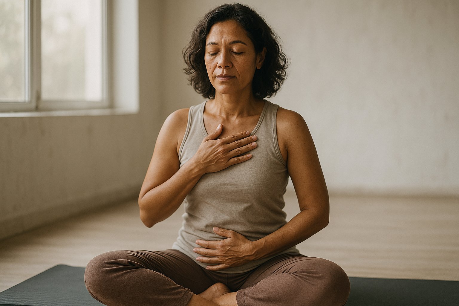 Mulher brasileira sentada em tapete de yoga num estúdio iluminado pelo sol, mãos no peito e no baixo-ventre, olhos fechados, expressão serena.