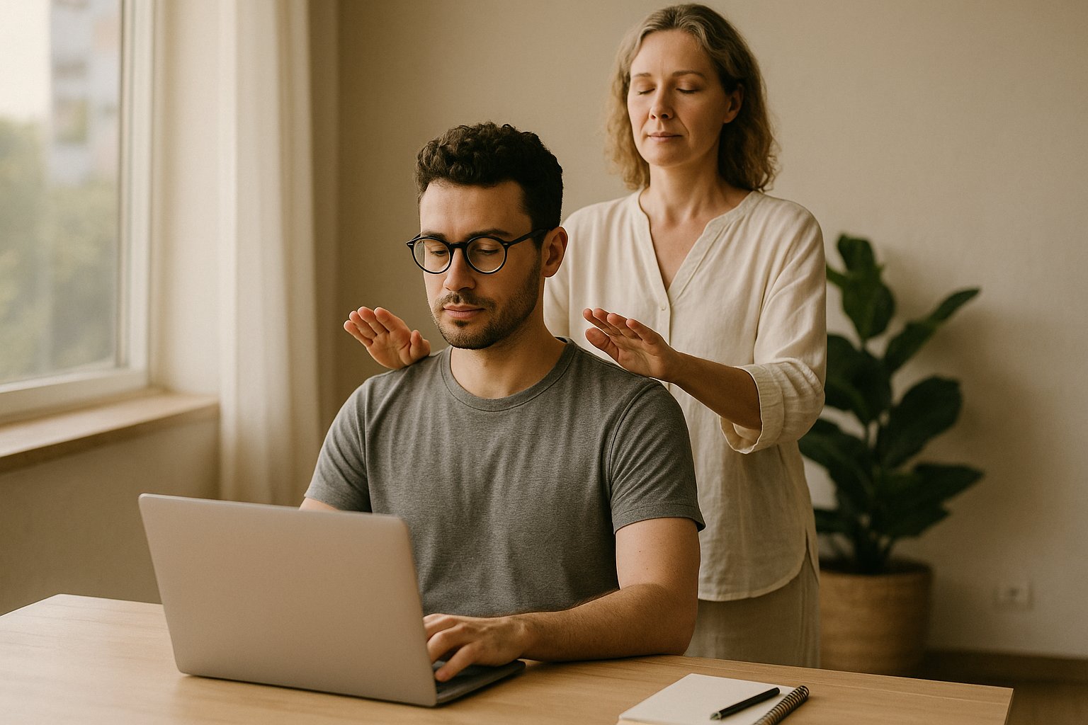 Profissional de tecnologia sentado enquanto terapeuta realiza EMF Balancing com mãos próximas aos ombros em estúdio claro, luz natural e tons neutros