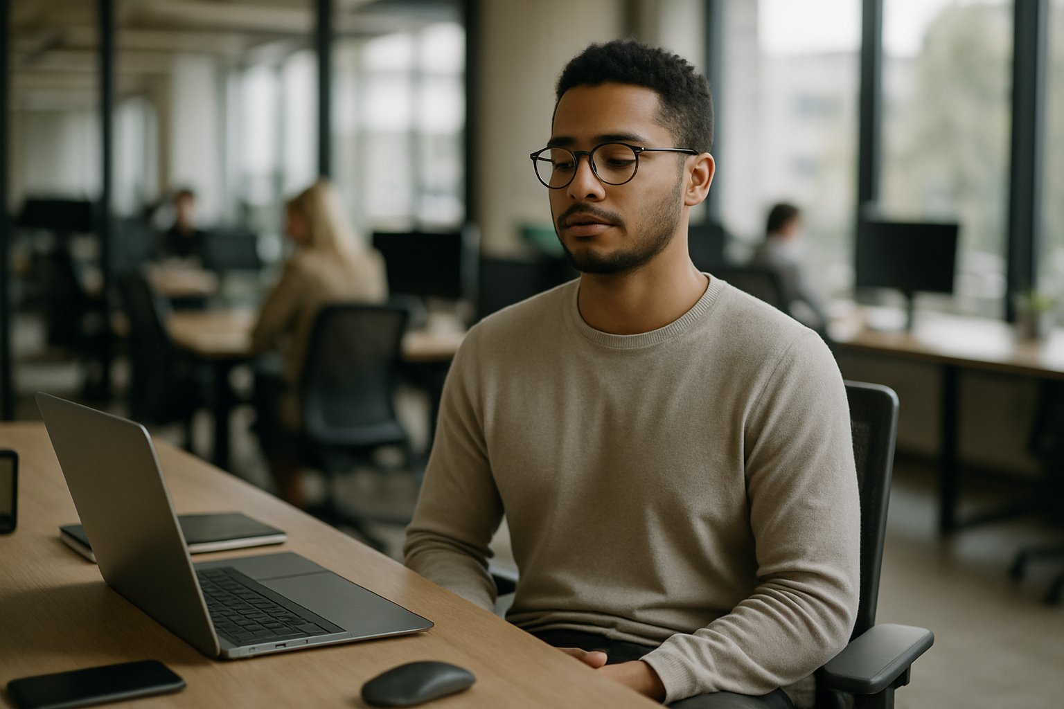 Profissional de tecnologia em coworking iluminado por luz natural, sentado com olhar suave e mãos no colo, praticando um exercício discreto de aterramento.