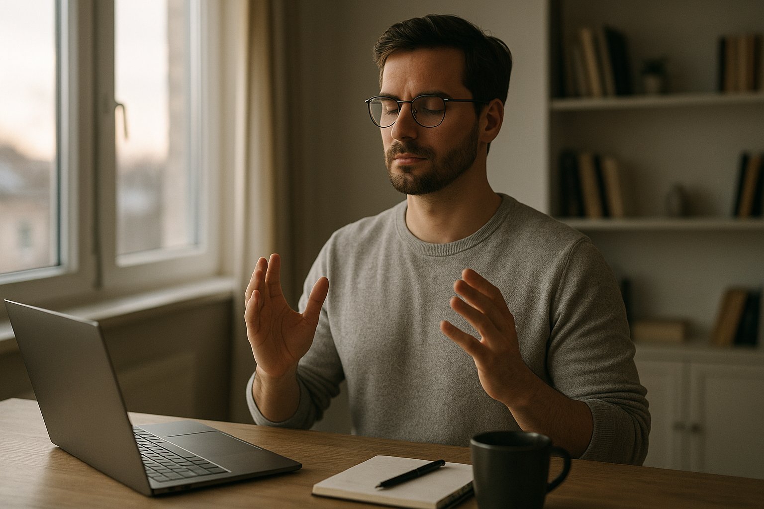Profissional de tecnologia em home office, ao amanhecer, com olhos fechados e mãos à frente do peito em gesto suave, ao lado de um notebook iluminado pela luz natural da janela.