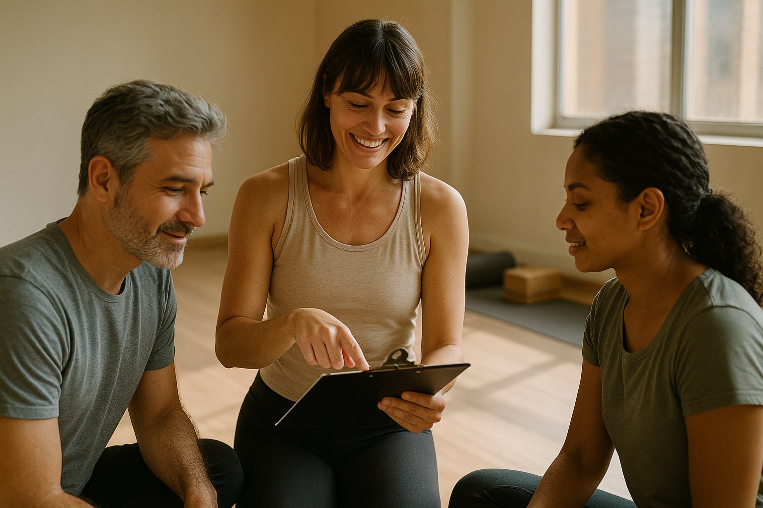 Professora de yoga orienta dois alunos enquanto escolhem entre Hatha, Vinyasa e Yogaterapia em estúdio iluminado no Guará I.