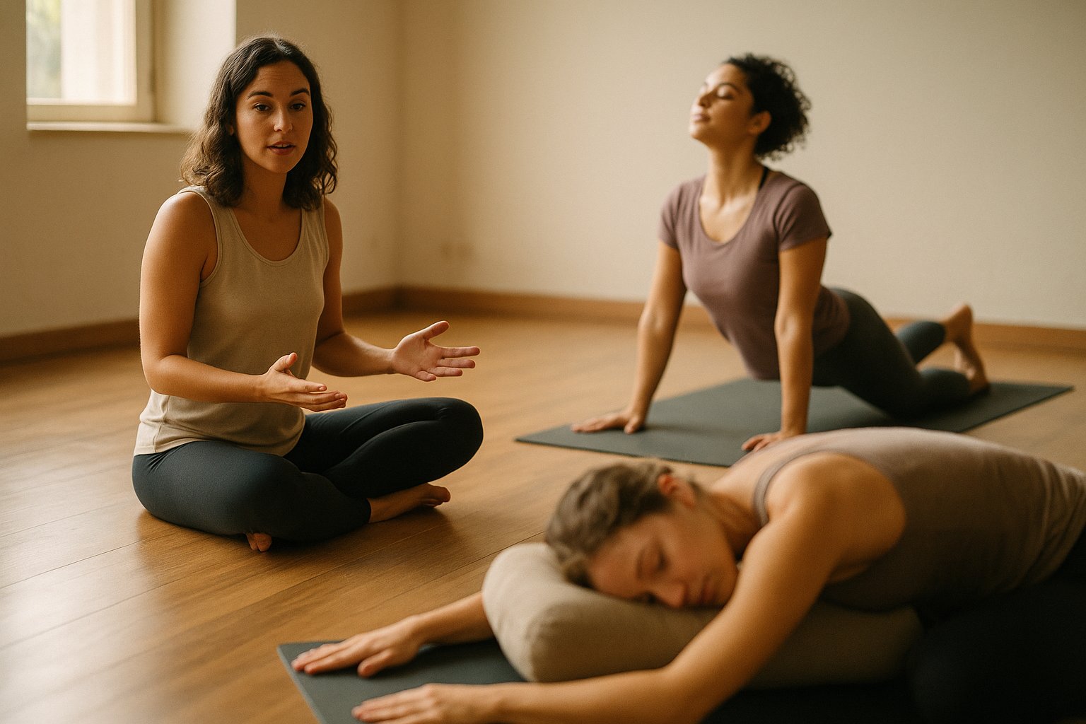 Sala de yoga iluminada pelo sol em Brasília, com professora orientando verbalmente alunos em ritmos diferentes, um em postura suave com apoio e outro em fluxo leve.