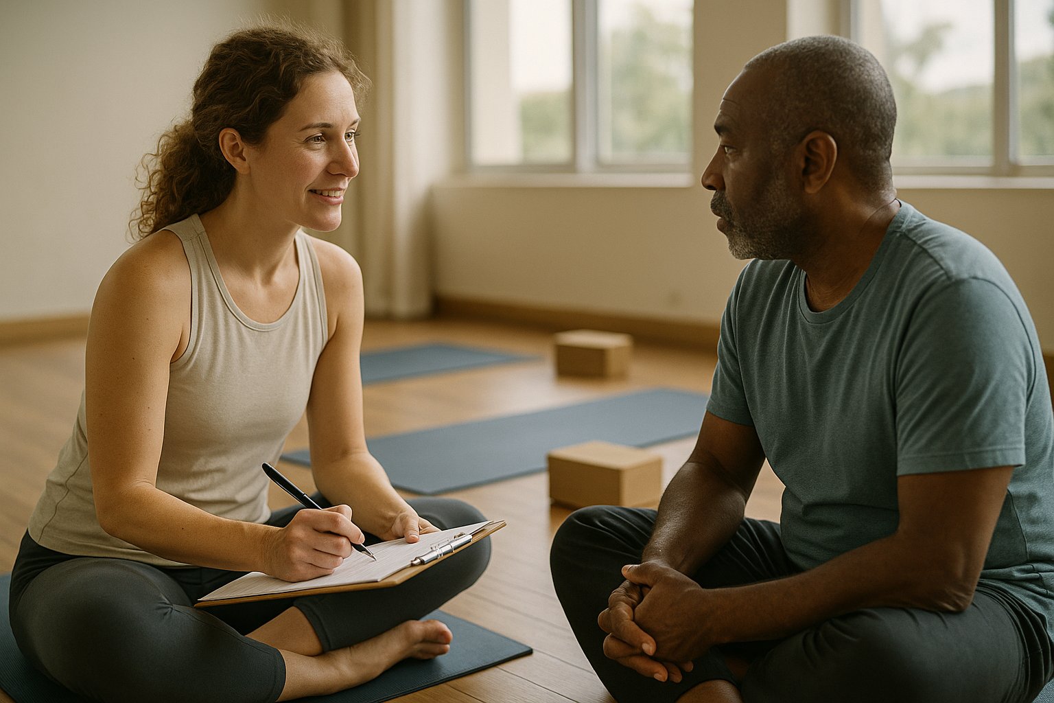 Professora de yoga conversando com aluna sobre histórico de saúde em estúdio iluminado no Guará I, com tapetes e blocos ao fundo.
