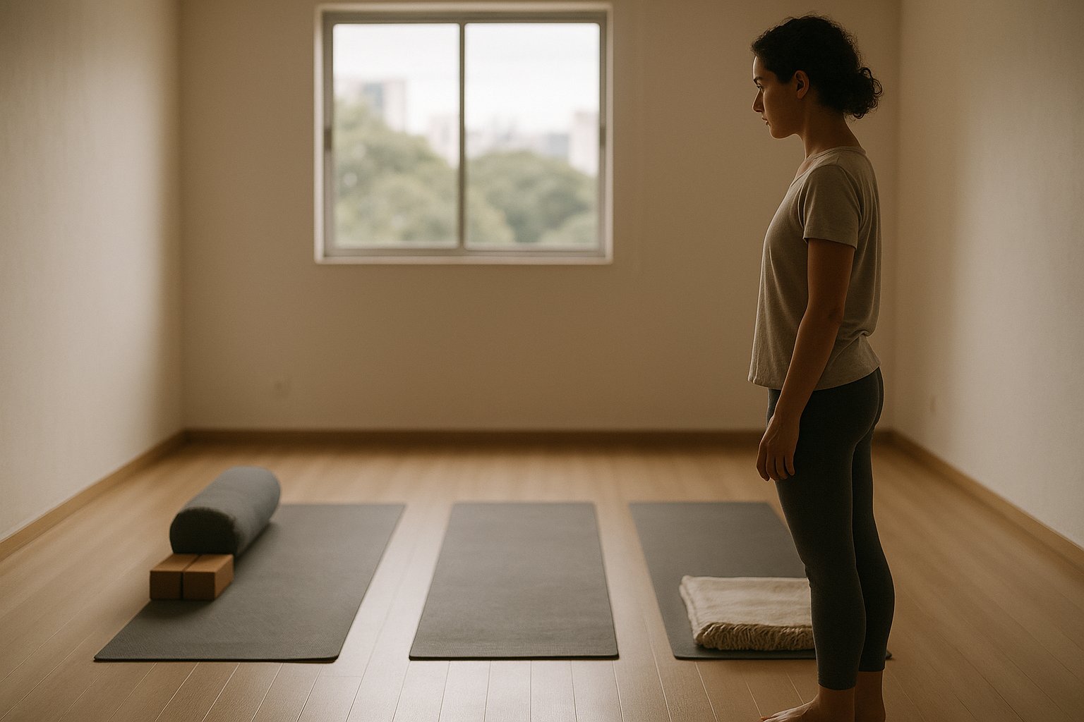 Pessoa em estúdio de yoga iluminado pelo sol em Brasília observando três tapetes com acessórios diferentes