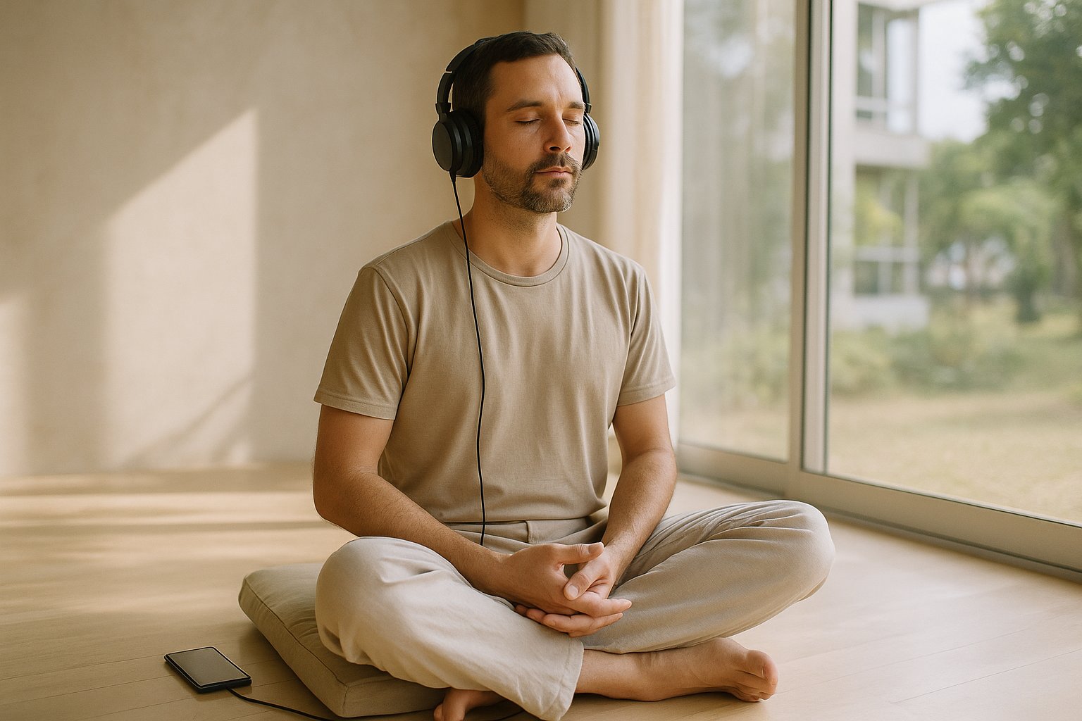 Pessoa sentada em almofada de meditação, olhos fechados, fones de ouvido e celular virado para baixo ao lado, estúdio iluminado por luz natural em Brasília.
