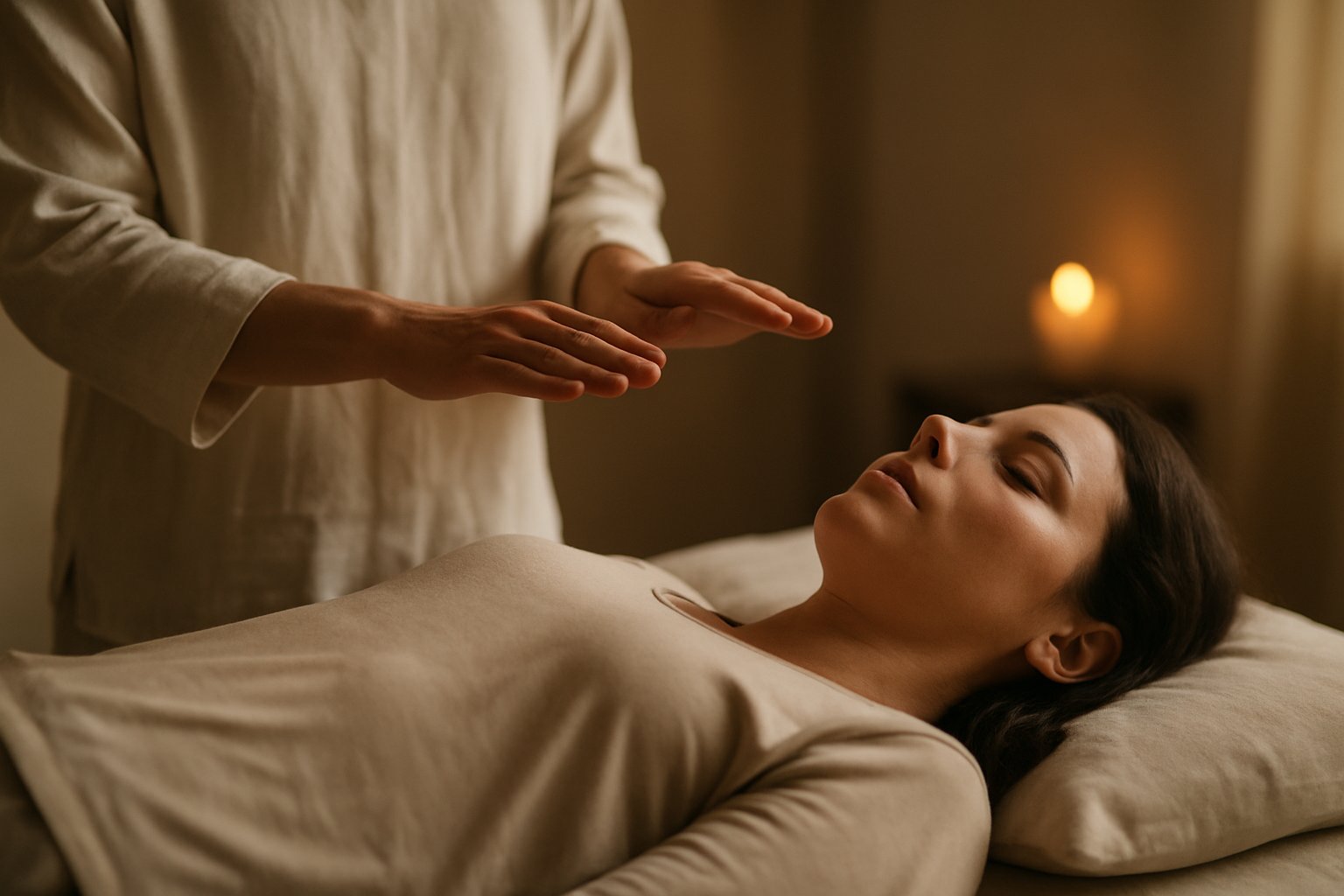 Terapeuta de Reiki com as mãos posicionadas sobre paciente em ambiente tranquilo e acolhedor