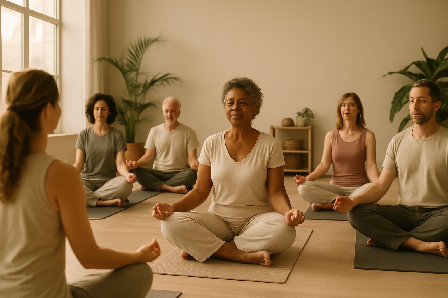 Grupo diverso de adultos praticando yoga em um studio luminoso com plantas naturais e luz da manhã — oficina de Yogaterapia Hormonal no Espaço Sol, Brasília