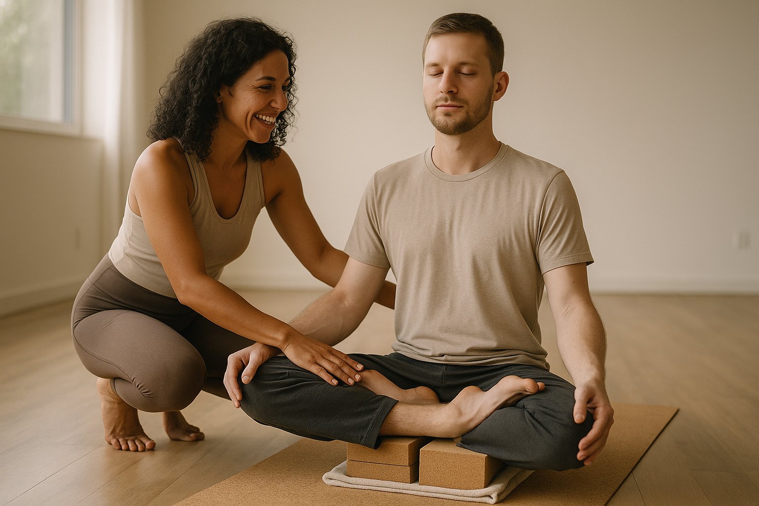 Aluna iniciante em Ardha Padmasana com cobertor sob o quadril e blocos apoiando os joelhos em estúdio ensolarado no Guará I, Brasília-DF