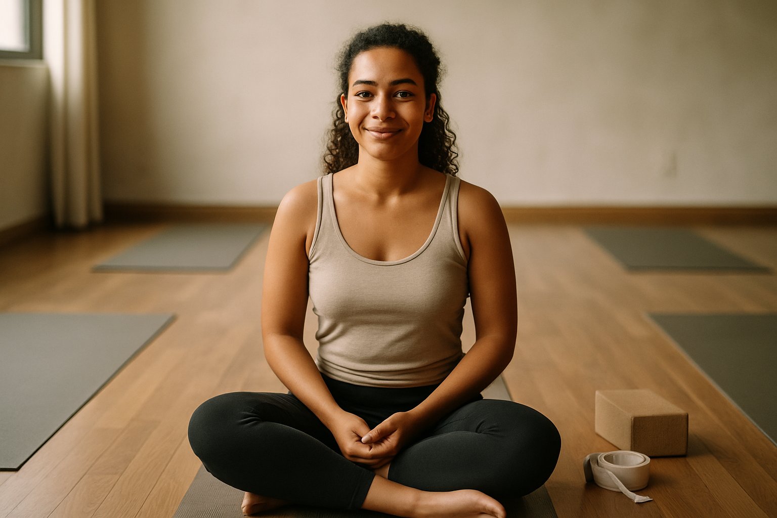 Aluna iniciante sorrindo em sua primeira aula de yoga no Espaço Sol em Brasília