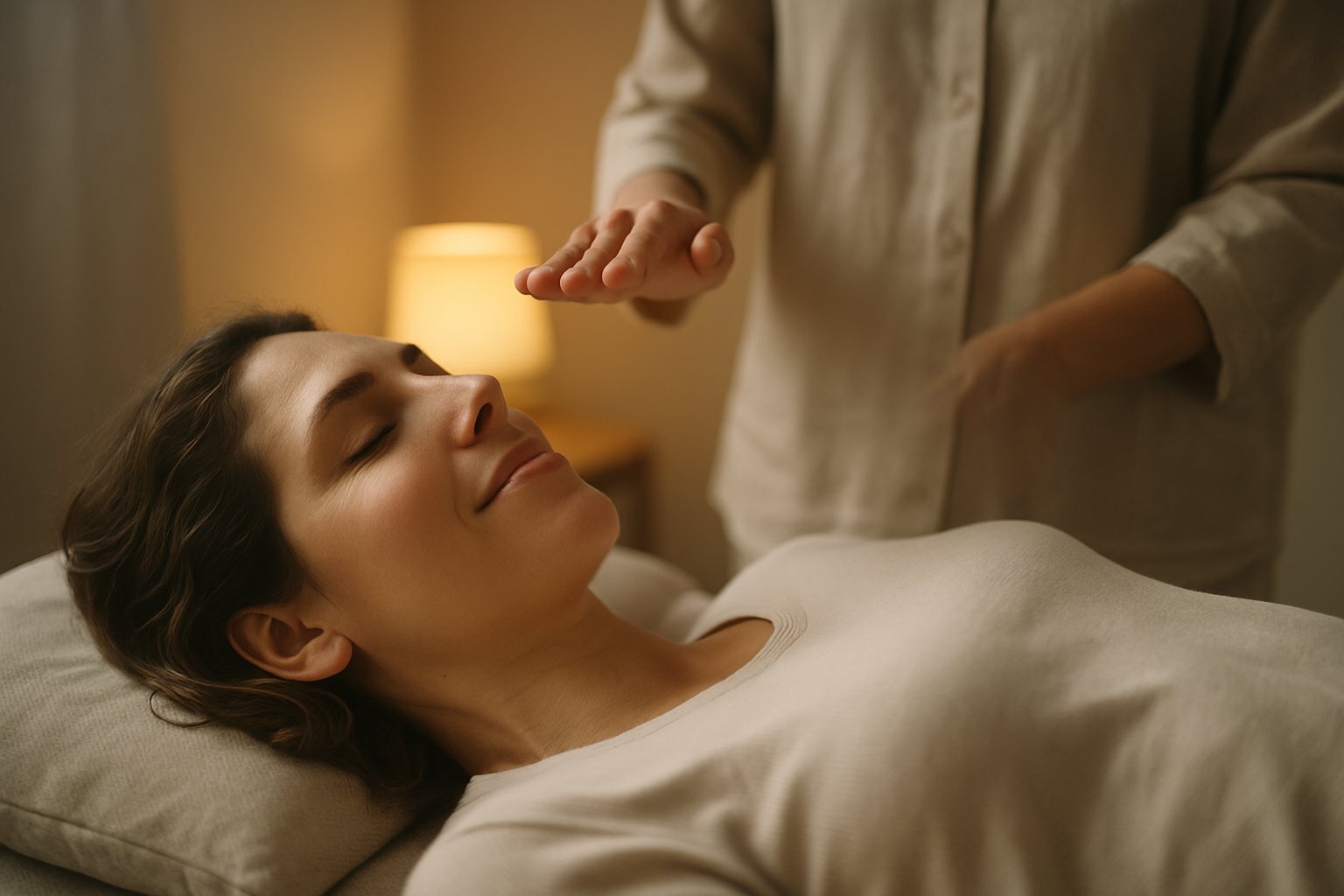 Pessoa relaxada recebendo sessão de Reiki em ambiente calmo e iluminado