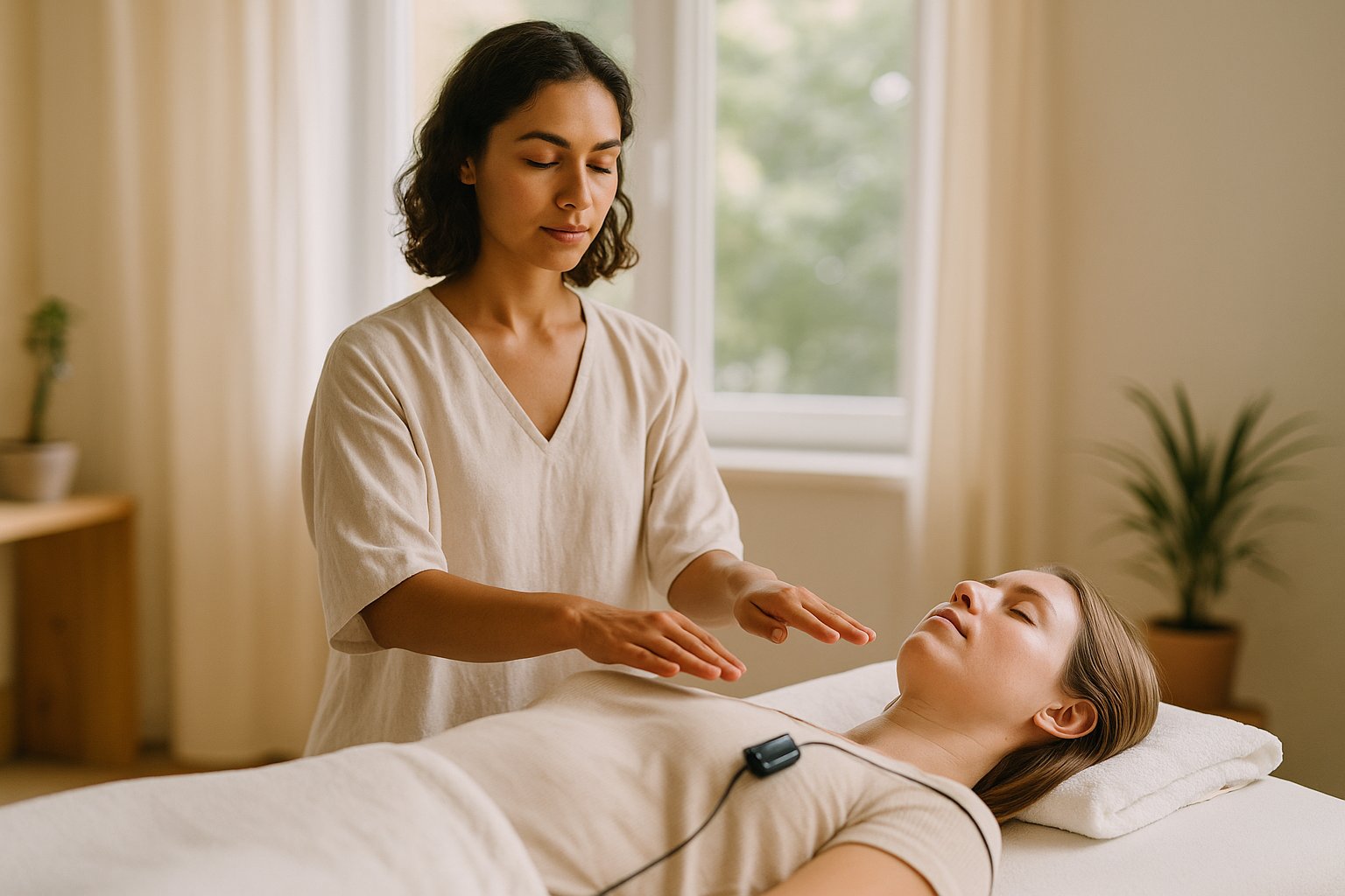 Terapeuta aplicando Reiki nos ombros de uma pessoa deitada na maca, com pequeno sensor no dedo, em estúdio iluminado pelo sol em Brasília