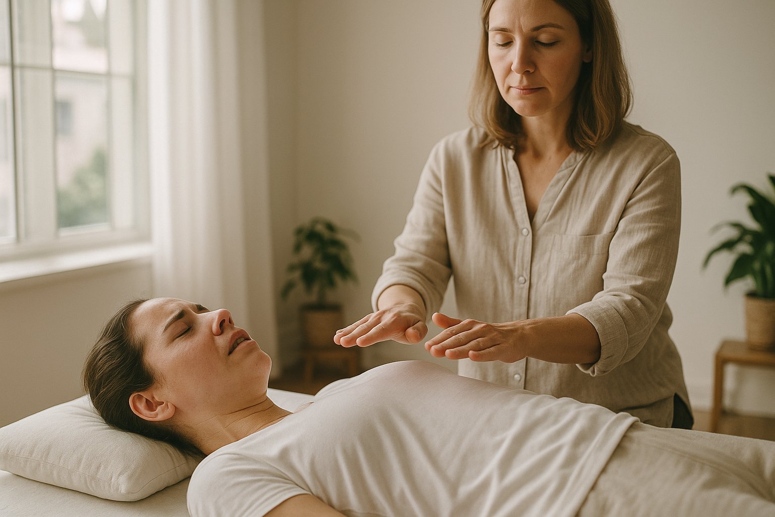 Pessoa deitada em maca de terapia recebendo Reiki, terapeuta com mãos pairando sobre o peito, luz natural suave entrando pela janela, ambiente neutro e acolhedor no estúdio do Espaço Sol em Brasília