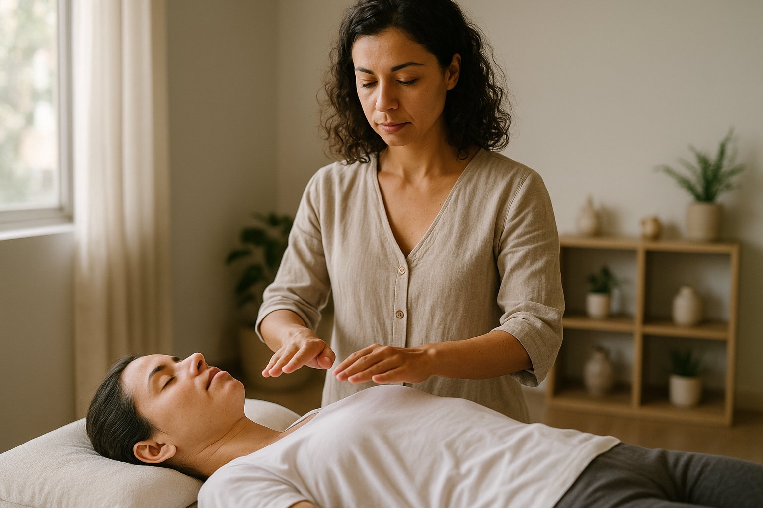 Terapeuta de Reiki com mãos pairando sobre o peito de uma pessoa deitada em maca, luz natural suave em estúdio tranquilo no Guará I.