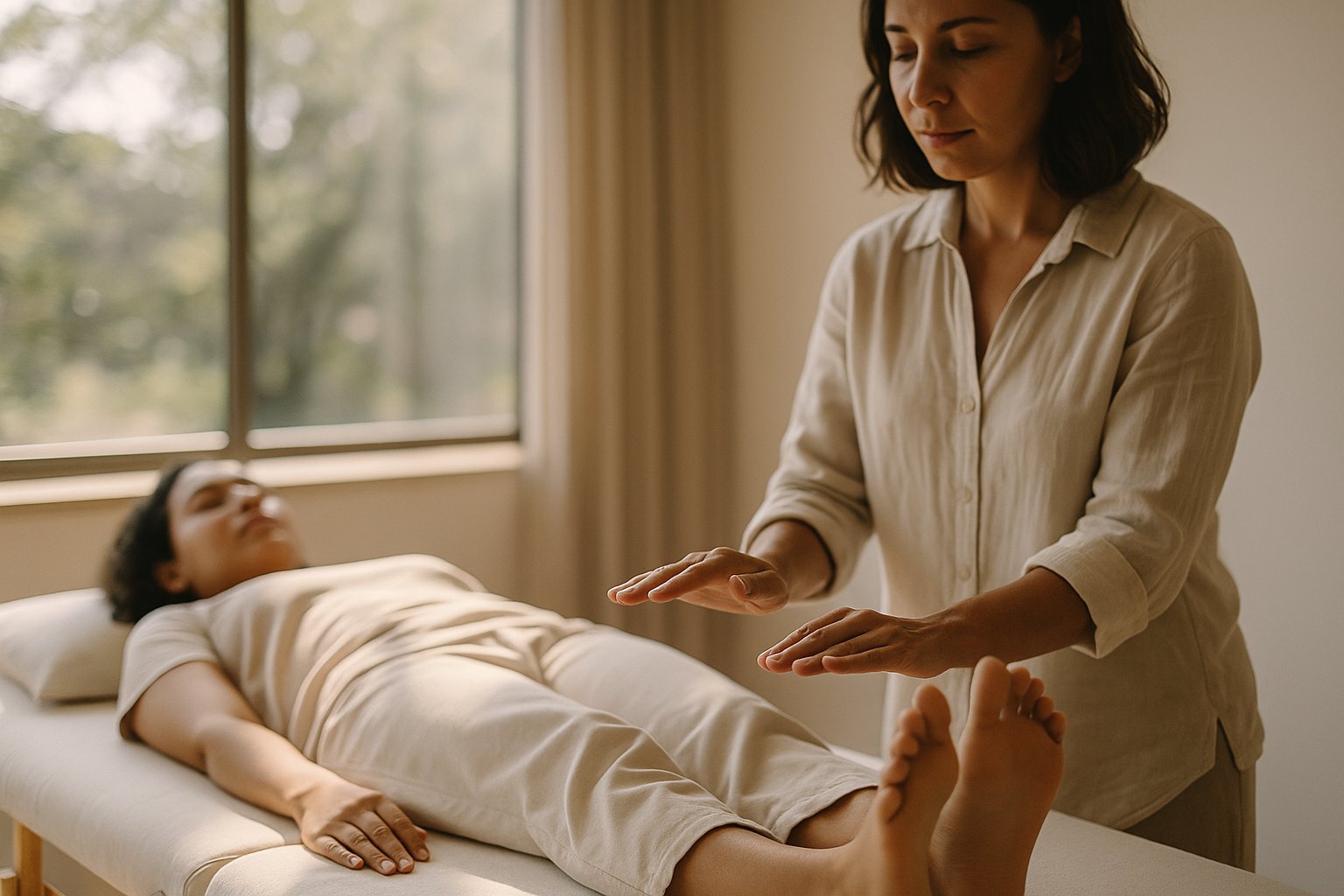 Sessão de Reiki em estúdio iluminado naturalmente no Guará I: pessoa deitada em maca com olhos fechados enquanto a terapeuta aproxima as mãos dos pés, ambiente neutro e sereno.