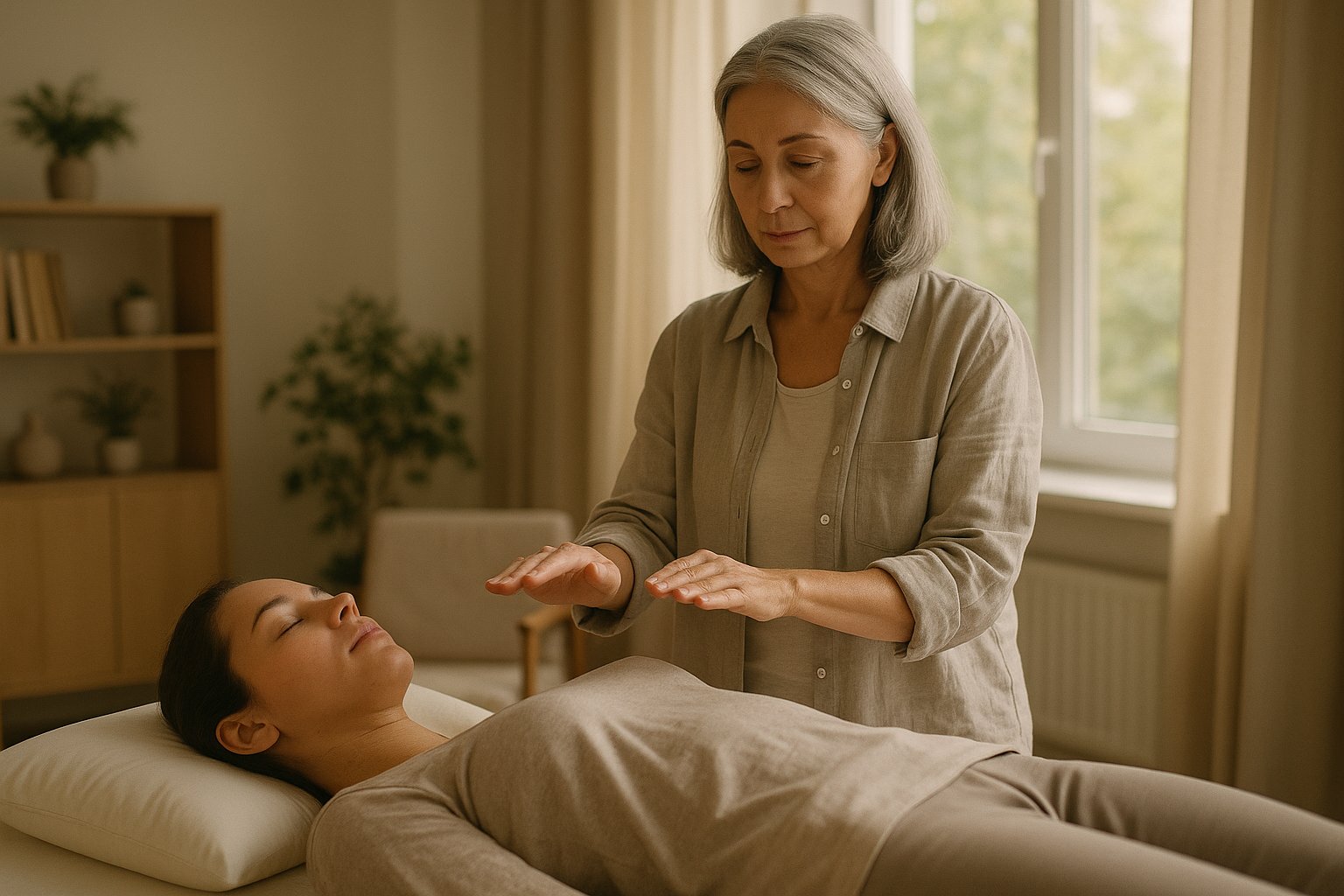 Sala de terapia iluminada naturalmente, com cliente deitado(a) em maca e terapeuta aplicando Reiki com as mãos sobre o peito, ambiente neutro e acolhedor.