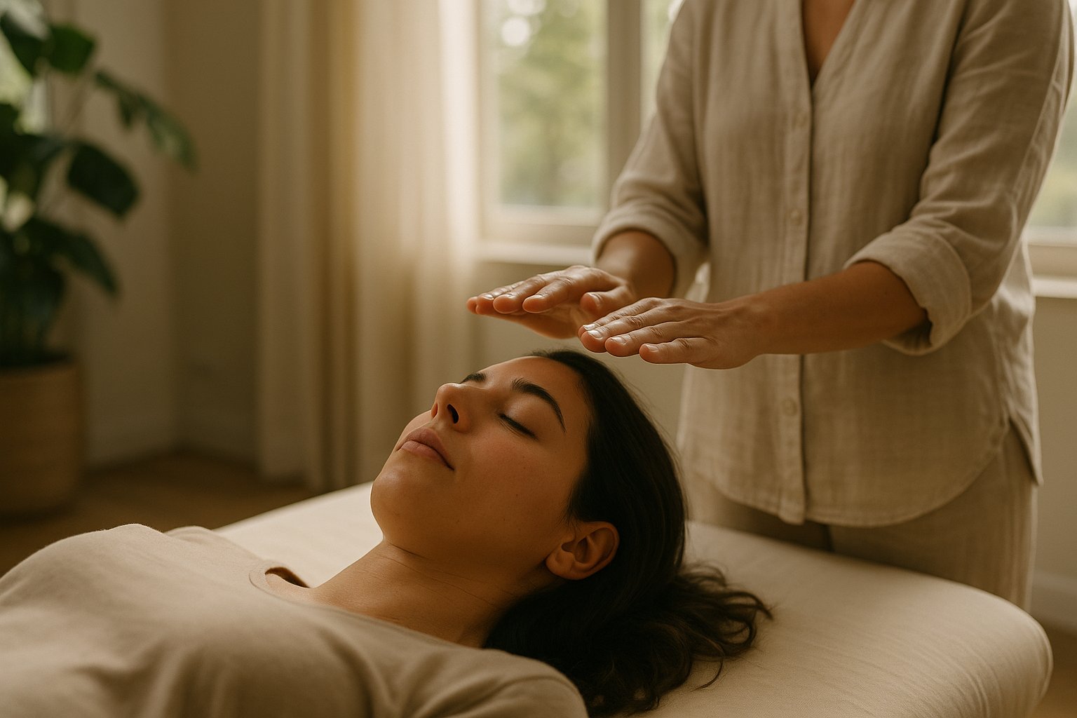 Pessoa deitada em maca recebendo Reiki, mãos da terapeuta pairando sobre a cabeça, luz natural suave entrando pela janela em estúdio neutro no Guará I, Brasília-DF.