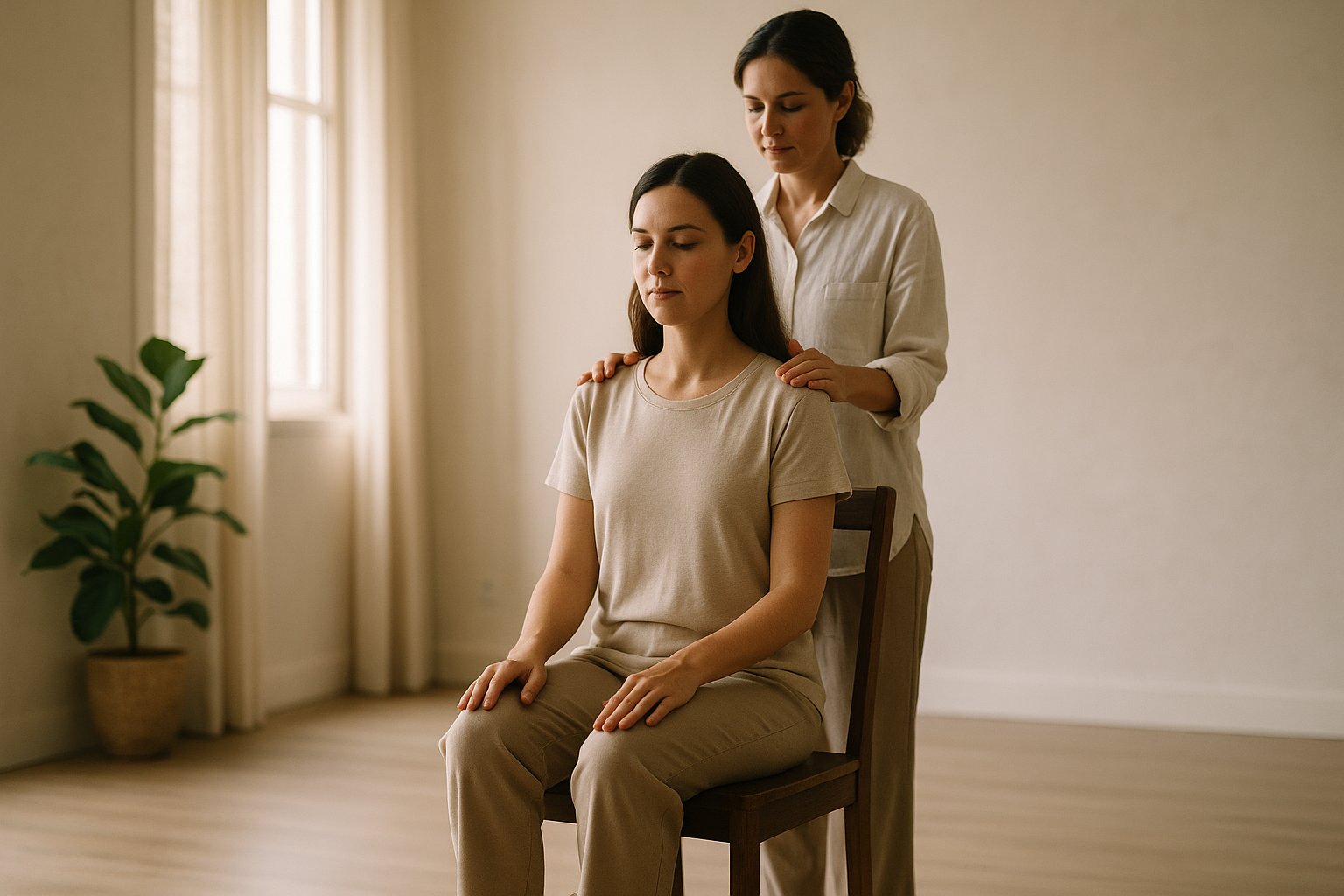 Pessoa sentada em cadeira recebendo Reiki, terapeuta com mãos próximas aos ombros, estúdio iluminado pelo sol no Guará I, tons neutros e clima tranquilo.