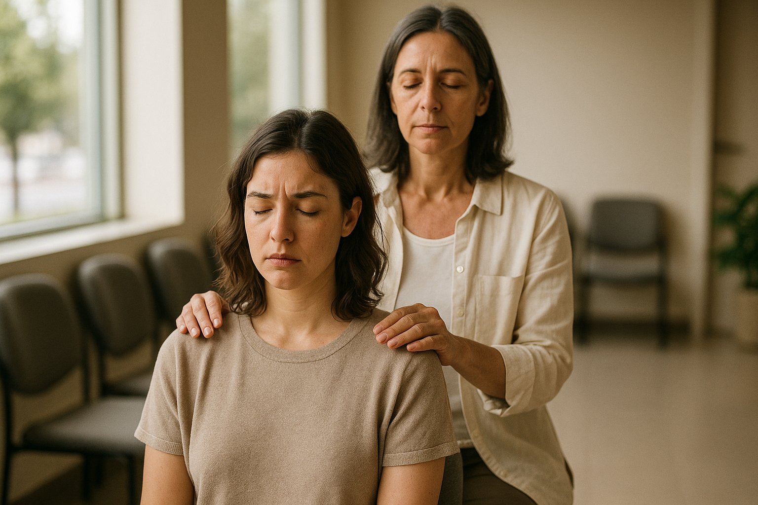 Terapeuta aplicando Reiki de forma discreta nos ombros de uma pessoa sentada em sala de espera iluminada por luz natural, em paleta neutra.