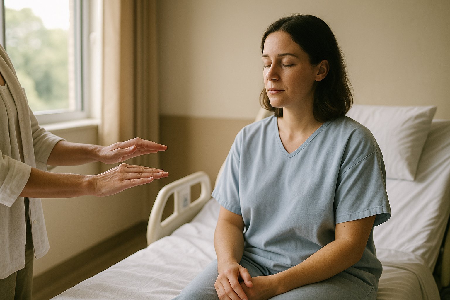 Paciente sentado ao lado da maca hospitalar recebendo Reiki com mãos em leve aproximação, luz natural pela janela e ambiente discreto.