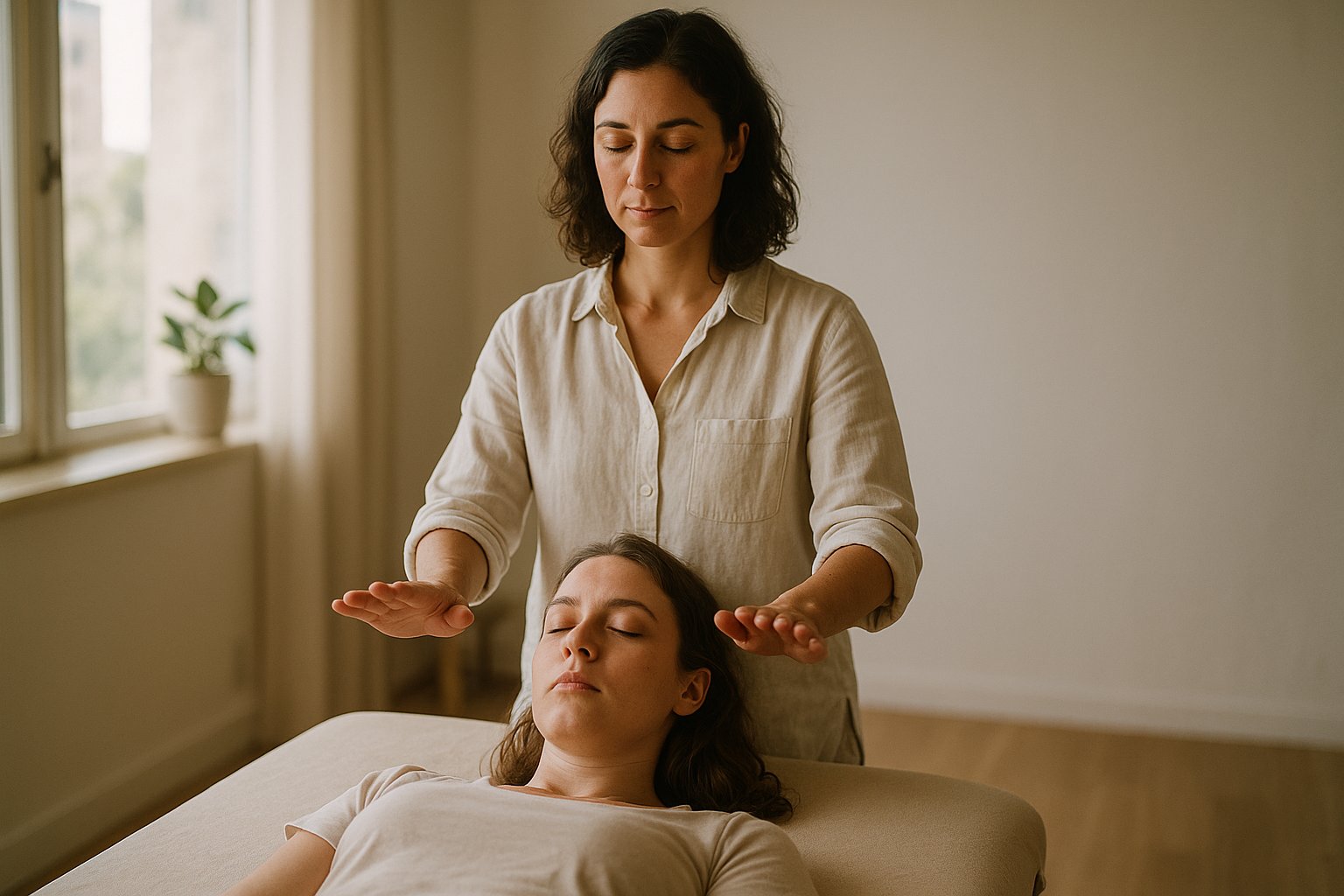 Terapeuta de Reiki aplicando mãos acima dos ombros de uma pessoa deitada em maca, luz natural suave e ambiente neutro no estúdio no Guará I, Brasília-DF