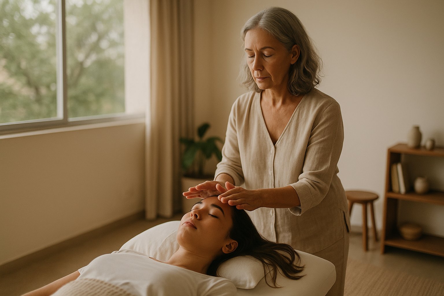 Sala de terapia iluminada naturalmente; cliente deitada na maca enquanto terapeuta posiciona as mãos acima da cabeça, ambiente neutro e acolhedor no Guará I, Brasília-DF.
