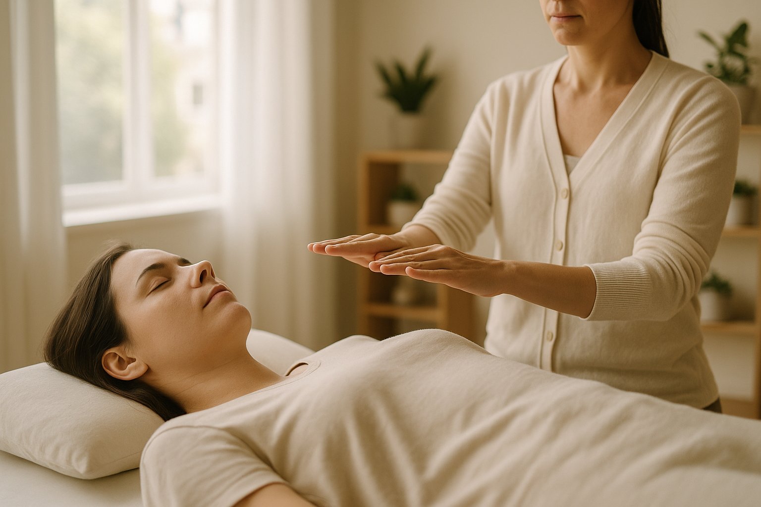 Cliente deitado(a) em maca recebendo Reiki com mãos do terapeuta sobre o tórax, luz natural suave em sala neutra no Guará I.