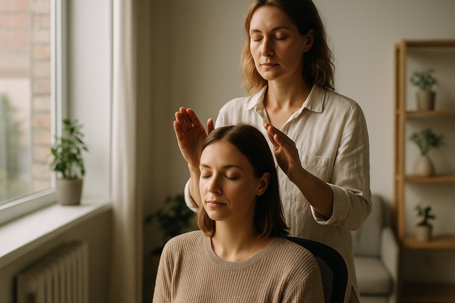 Terapeuta aplicando Reiki em uma pessoa sentada em cadeira, mãos suaves próximas às têmporas, luz natural entrando pela janela em um estúdio tranquilo no Guará I, Brasília-DF.