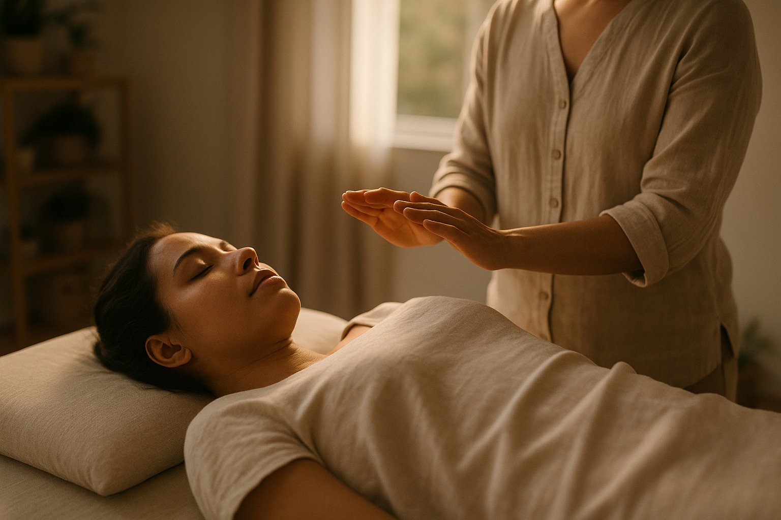 Mulher deitada em maca com cobertor leve recebendo Reiki nas mãos sobre o peito, estúdio aconchegante em luz suave no fim da tarde.